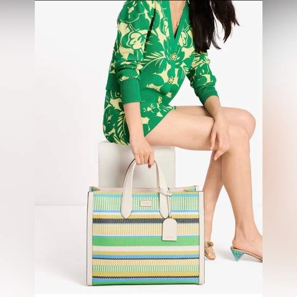 Kate Spade Manhattan Striped Woven Straw Large Tote #KH026 - Picture 1 of 10